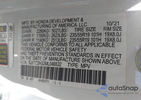 2021 Acura Rdx Standard z USA, uszkodzony, nr VIN 5J8TC2H32ML046532